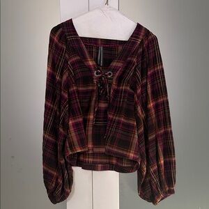 Anthropologie Pink and Brown Plaid Lace-Up Blouse